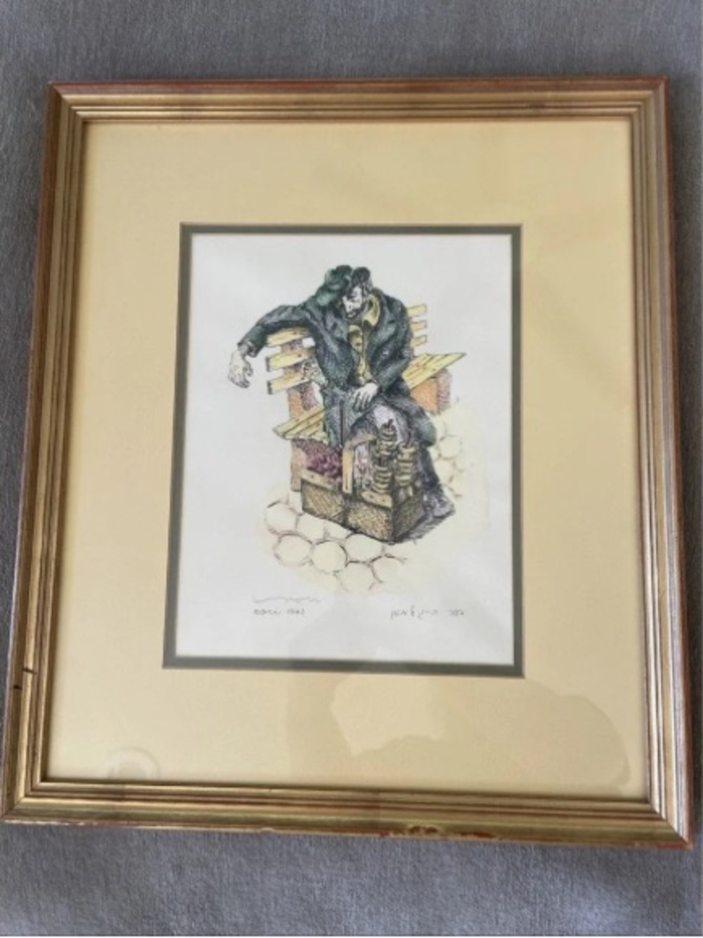 Nori Vintage Hand Color Lithograph "Pretzel Man 1943 Sketch Framed Matted Signed